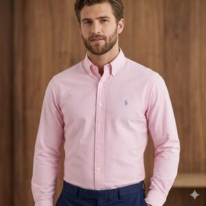 Ralph Lauren Button Down Shirt Mens 17.5 34/35 Pink Striped Classic Fit Cotton
